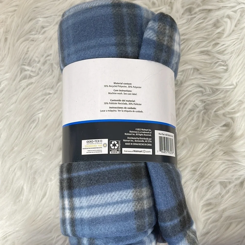 MAINSTAY FLEECE THROW PLAID BLUE BLACK & WHITE BLANKET NEW
